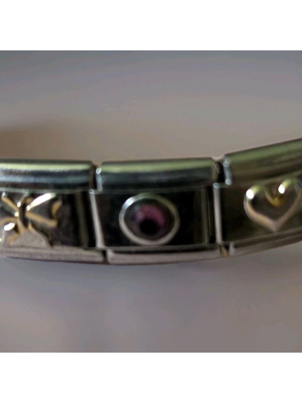 Vintage Stainless Steel Italian Charm Bracelet Rhinestone Heart Butterfly Y2K - Picture 7 of 10